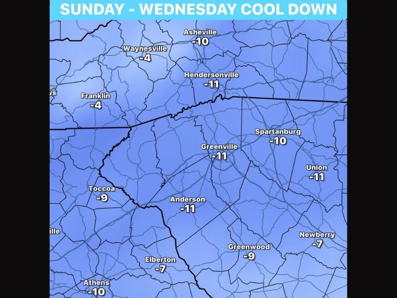 Significant Cooldown of 5 to 11 Degrees Below Normal Arriving Across the Carolinas and North Georgia Including Greenville, Asheville, and Spartanburg From Sunday Through Wednesday