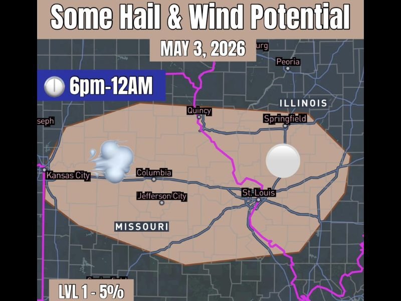 Small Hail and Gusty Winds Possible Across Eastern Missouri and Western Illinois Including St. Louis, Springfield and Kansas City Sunday Evening 6PM Through Midnight