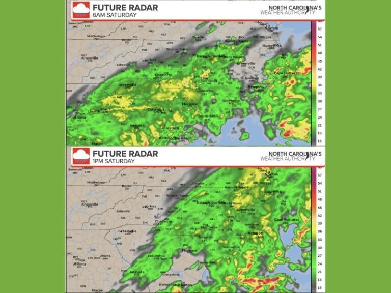 Soaking Rain and Cool Temperatures in the 50s and 60s Sweeping Across Central and Eastern North Carolina Including Raleigh, Greenville, and Wilmington This Saturday