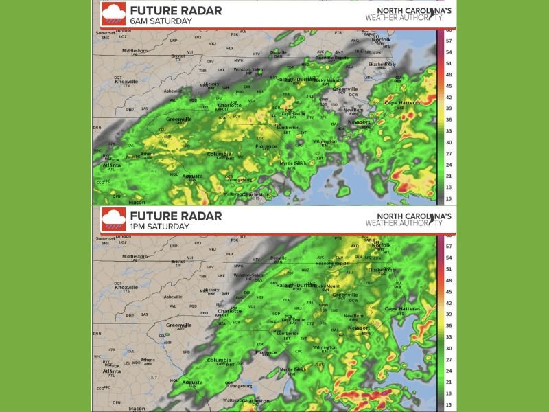 Soaking Rain and Cool Temperatures in the 50s and 60s Sweeping Across Central and Eastern North Carolina Including Raleigh, Greenville, and Wilmington This Saturday
