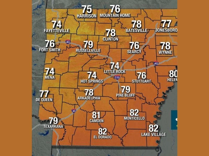 Spotty Showers and Storms With Sporadic Wind Gusts Across Arkansas Including Little Rock, Fort Smith, and Jonesboro With Highs Settling in the 70s and Low 80s Thursday