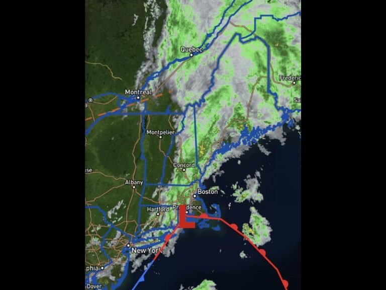 Steady Rain With Pockets of Heavy Rainfall Moving Through the Northeast Including Boston, New York, Montreal, and New England With Back Side Beginning to Clear Monday Morning