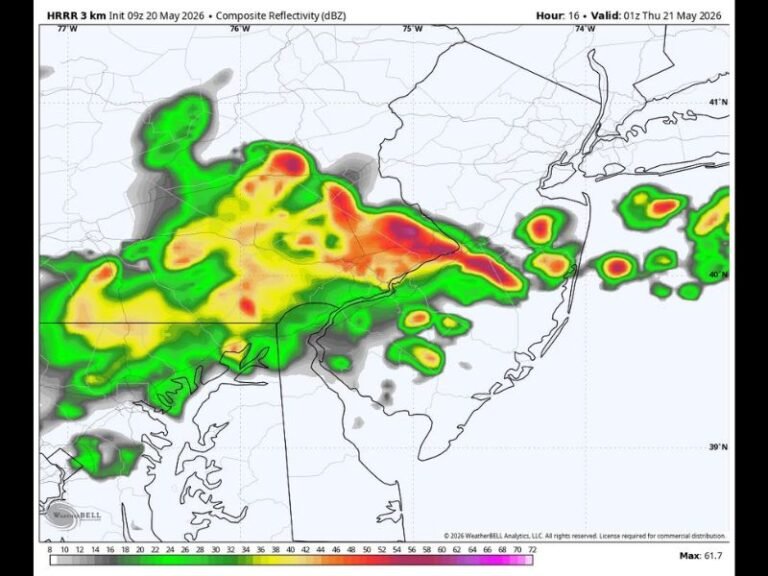 Storms Breaking the Heat Across Pennsylvania New Jersey and the Mid-Atlantic With 40 Degree Temperature Drop Expected Arriving 4PM to 9PM West to East Wednesday May 20