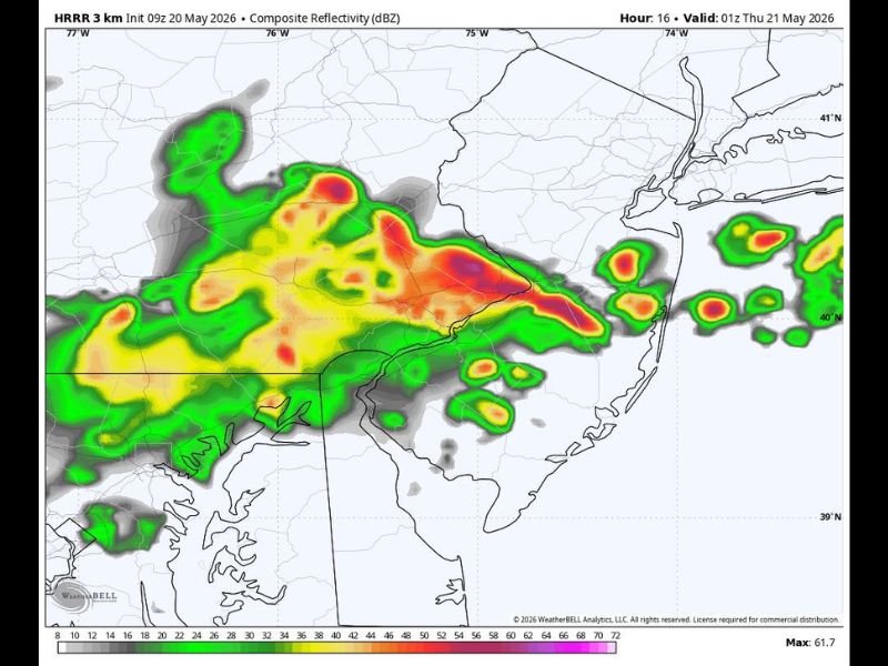 Storms Breaking the Heat Across Pennsylvania New Jersey and the Mid-Atlantic With 40 Degree Temperature Drop Expected Arriving 4PM to 9PM West to East Wednesday May 20