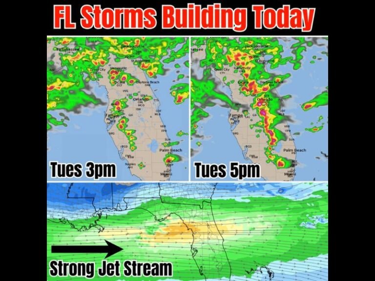 Storms Building Across Florida Including Jacksonville Tampa Orlando and Palm Beach With Strong Gulf Jet Stream Fueling Increasing Activity From 3PM Through 5PM Tuesday