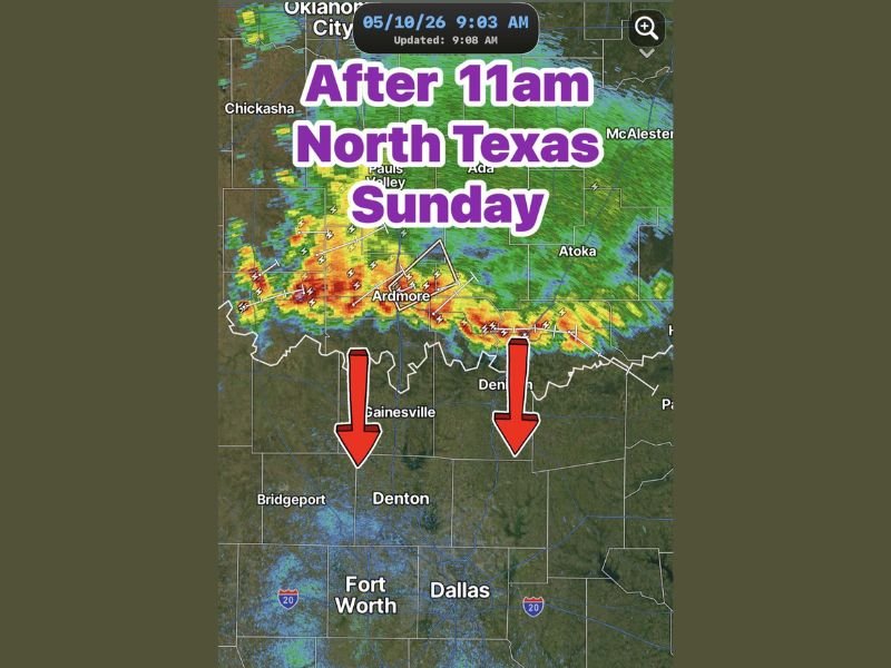 Storms Dropping South From Oklahoma Into North Texas Including Gainesville, Denton and Fort Worth After 11AM Sunday With Main Severe System Building After 3PM Through 10PM