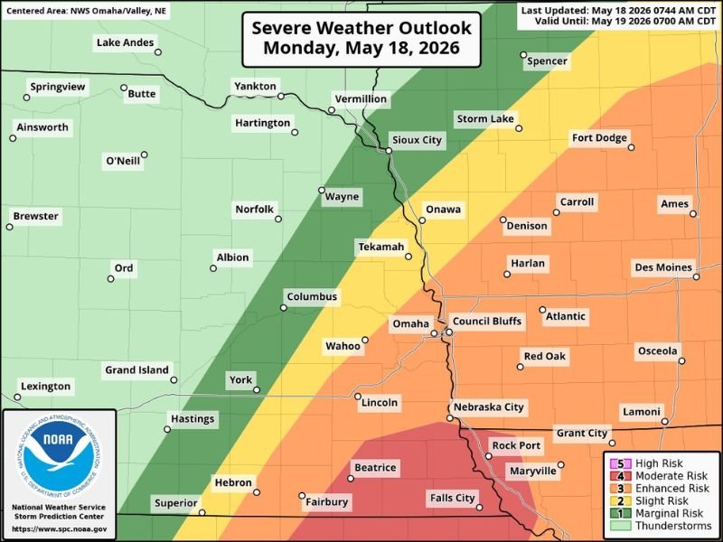 Strong Tornado Tennis Ball Hail and 70mph Winds Targeting Nebraska and Iowa Including Omaha Lincoln Sioux City and Council Bluffs From 4PM to 10PM Monday May 18
