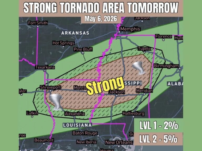 Strong Tornado, Very Large Hail and Damaging Winds Targeting Louisiana and Mississippi Including Jackson, Shreveport and Monroe Wednesday as Cold Front Drives Discrete Supercells