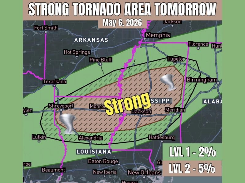 Strong Tornado, Very Large Hail and Damaging Winds Targeting Louisiana and Mississippi Including Jackson, Shreveport and Monroe Wednesday as Cold Front Drives Discrete Supercells