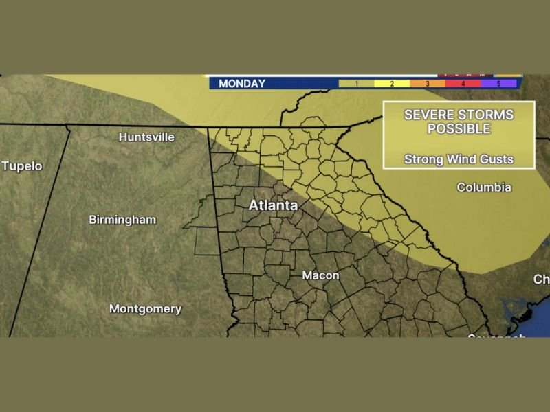 Strong to Severe Storms With Damaging Wind Gusts and Hail Possible Across North and Central Georgia Including Atlanta, Macon, and Nashville Tennessee Corridor Monday June 1