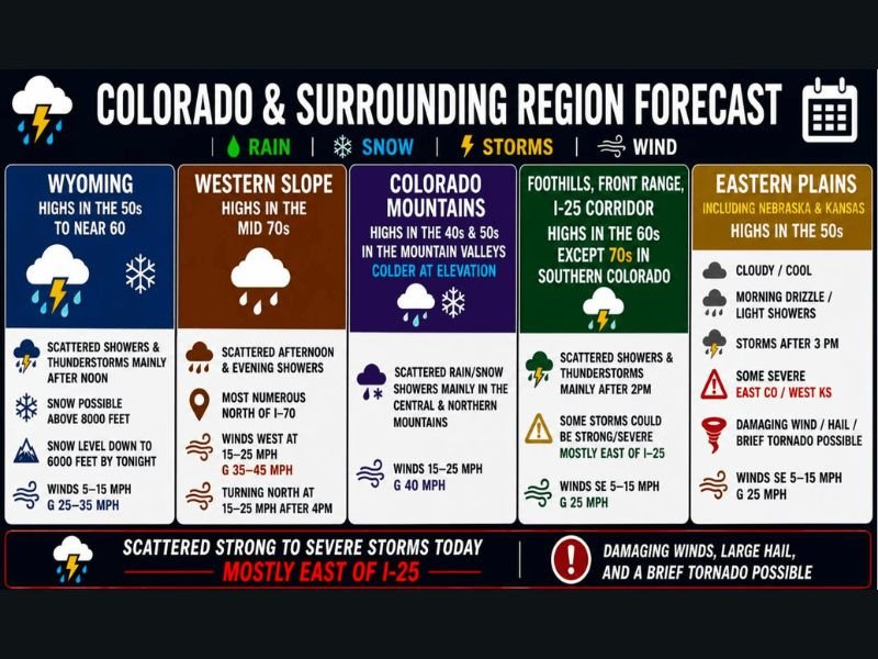 Strong to Severe Storms With Damaging Winds, Large Hail, and Brief Tornado Possible Targeting Colorado and Wyoming Eastern Plains Including Eastern Colorado and Western Kansas