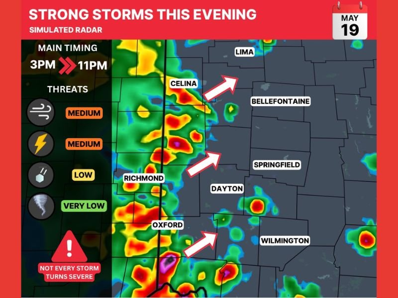Strong to Severe Storms With Damaging Winds and Heavy Rain Possible Across Ohio Including Dayton Richmond Celina and Springfield From 3PM to 11PM Tuesday