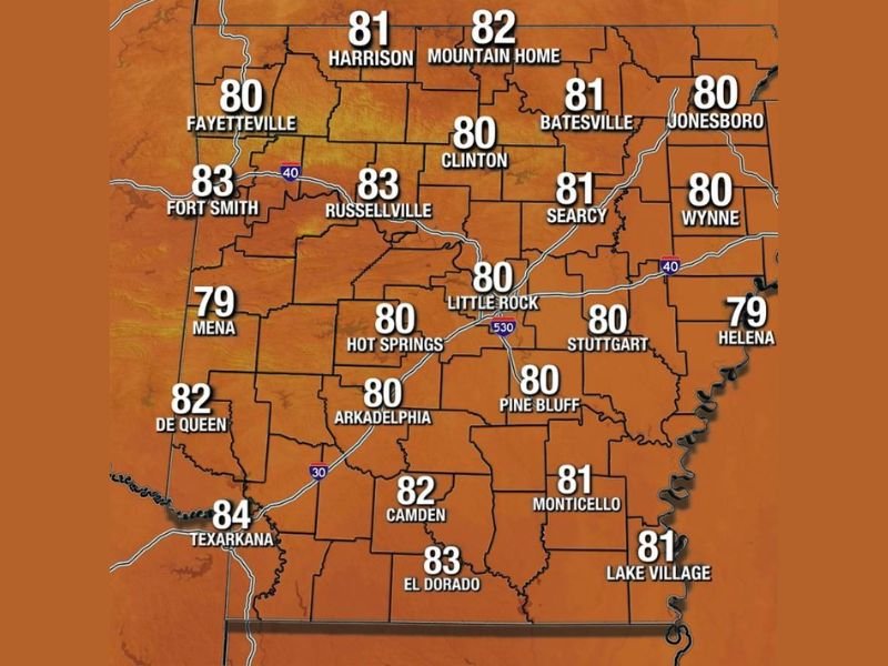 Sunshine and 80s Sweeping Across Arkansas Including Fort Smith Little Rock Fayetteville and Texarkana With Light Winds and Abundant Sun This Tuesday