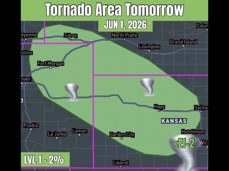 Supercell Tornado Threat With Very Large Hail and Damaging Winds Targeting Eastern Colorado and Western Kansas Including Fort Morgan, Hays, and Garden City Monday June 1