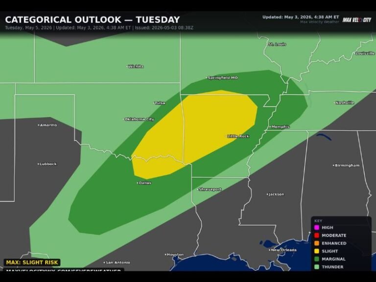 Supercells, Very Large Hail, Damaging Winds and Tornadoes Targeting Dallas Through Memphis Under Slight Risk Tuesday May 5 Afternoon and Evening
