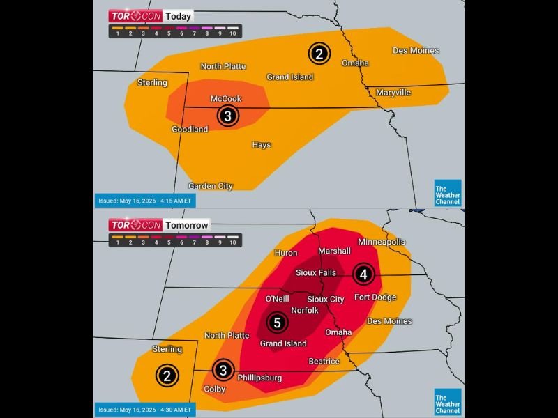 TORCON 5 Tornado Threat Escalating Across Nebraska South Dakota Iowa and Minnesota Including Grand Island Omaha Sioux Falls and Minneapolis With Monday Expected to Peak Even Higher