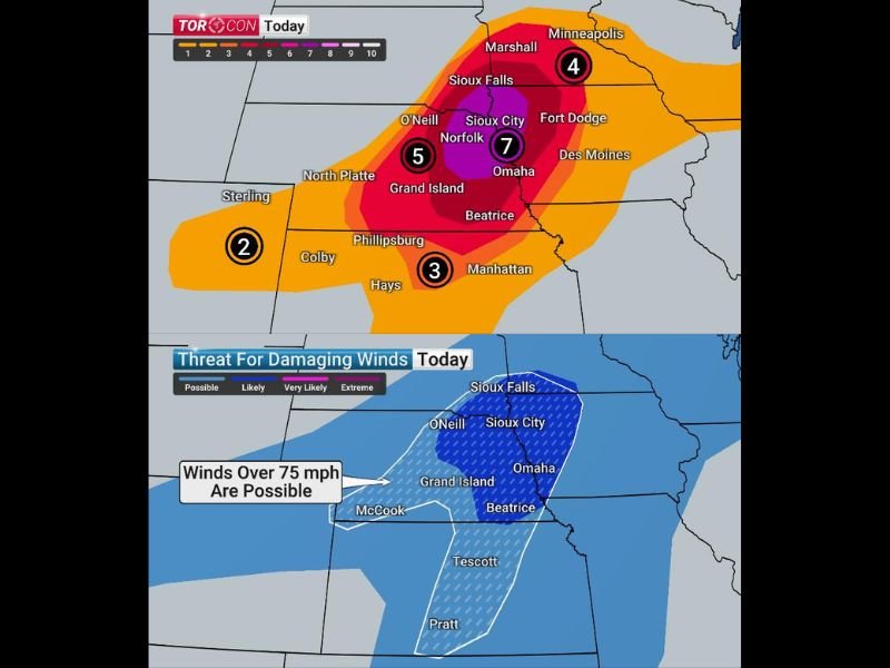 TORCON 7 Violent Tornado Outbreak Baseball Size Hail and 75mph Winds Targeting Nebraska Iowa and Minnesota Including Sioux City Omaha Sioux Falls and Grand Island Today