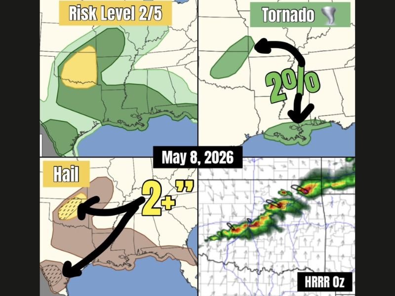 Tennis Ball Size Hail and Damaging Winds Risk Across Central Oklahoma Including Oklahoma City and Surrounding Areas With Isolated Tornado Chance as Storms Move Southeast