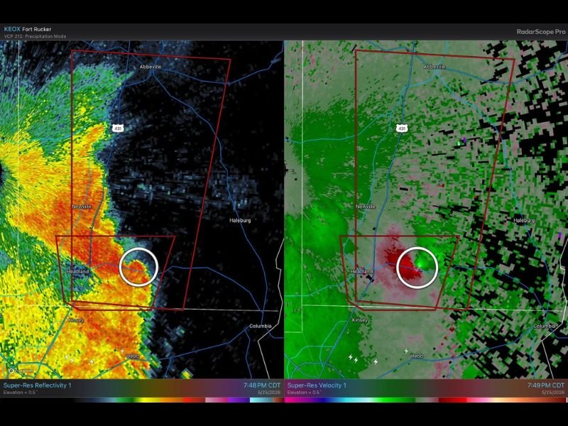 Tornado Confirmed Striking Southeast Alabama Through Houston and Henry Counties Including Headland, Kinsey, and Webb Area Monday Night May 25 With EF Scale Survey Underway