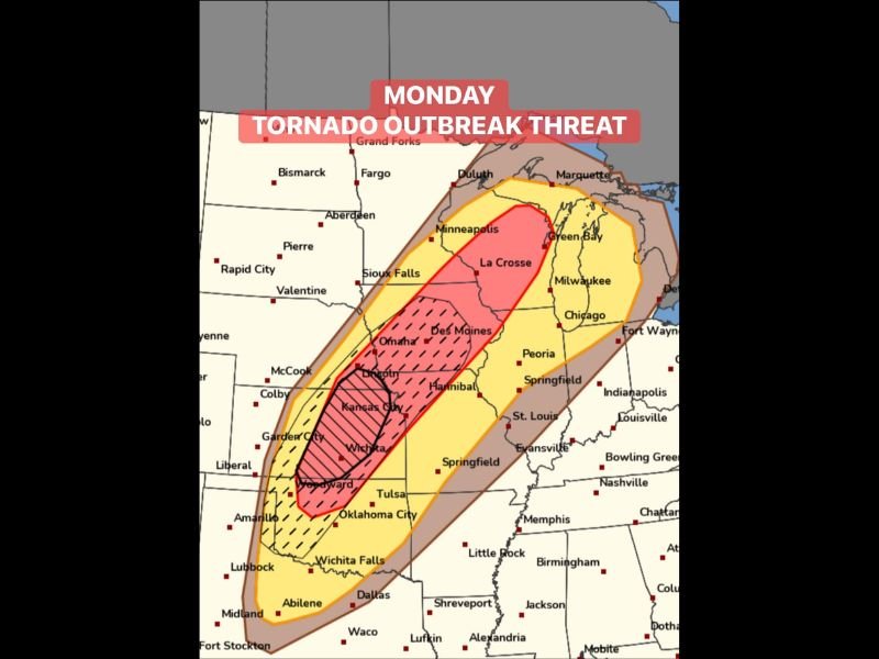 Tornado Outbreak Threat Confirmed by SPC Across Kansas Nebraska Iowa and Illinois Including Wichita Kansas City Omaha Des Moines and Chicago With Significant Tornado Hatch Area Issued Monday May 18