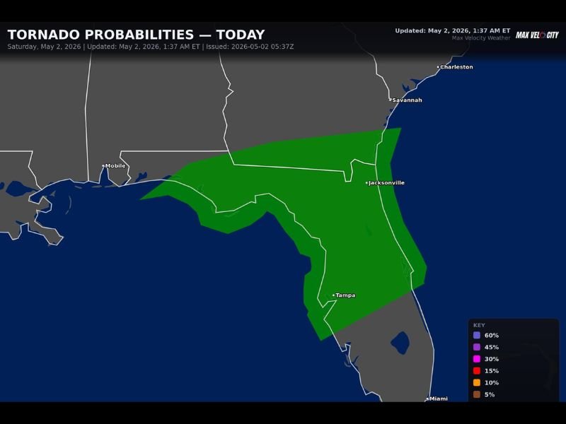 Tornado Possible Across Florida and Southeast Georgia Including Jacksonville, Tampa, and Savannah Today Saturday May 2 Under 2 Percent Tornado Probability Zone