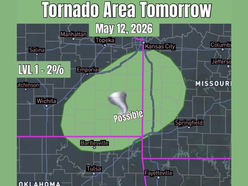 Tornado Possible Across Southeast Kansas Including Wichita Emporia Topeka and Kansas City Corridor Under Level 1 Risk Tuesday May 12