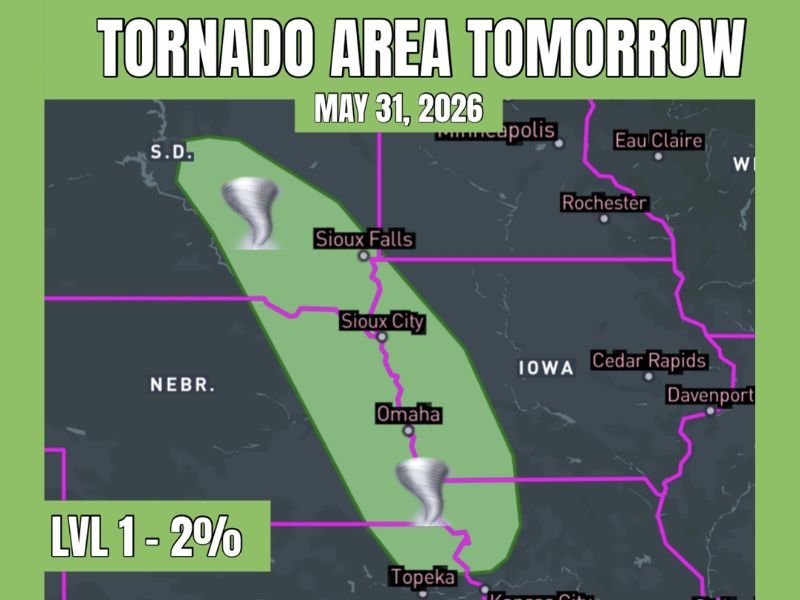 Tornado Risk With Hail and Wind Threats Targeting Eastern Nebraska and Far Western Iowa Including Omaha, Sioux City, and Sioux Falls at Level 1 Sunday May 31