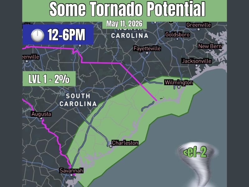 Tornado Threat Targets Carolina Coastline From Wilmington NC to Beaufort and Charleston SC With Spin-Up Risk This Afternoon Between Noon and 6 PM