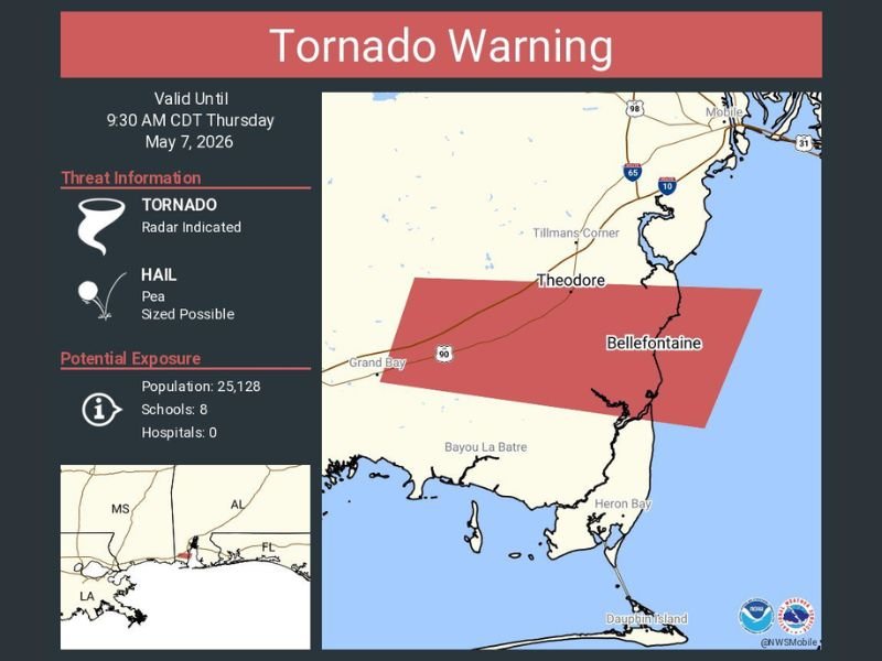 Tornado Warning Issued for South Mobile County Alabama Including Theodore, Grand Bay and Bellefontaine Thursday May 7 Valid Until 9:30AM CDT
