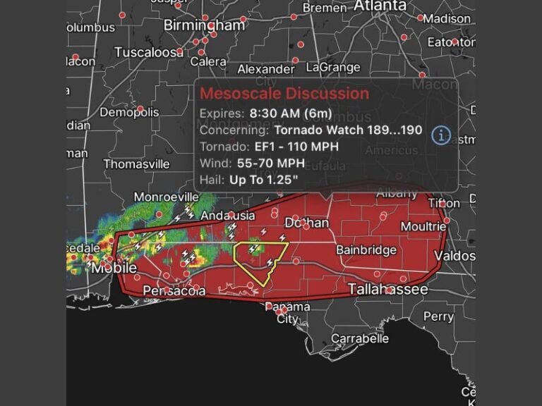 Tornado Watch Active With EF1 Winds at 110mph and 55 to 70mph Gusts Targeting Florida Panhandle Including Pensacola, Panama City and Tallahassee Through Late Morning and Early Afternoon