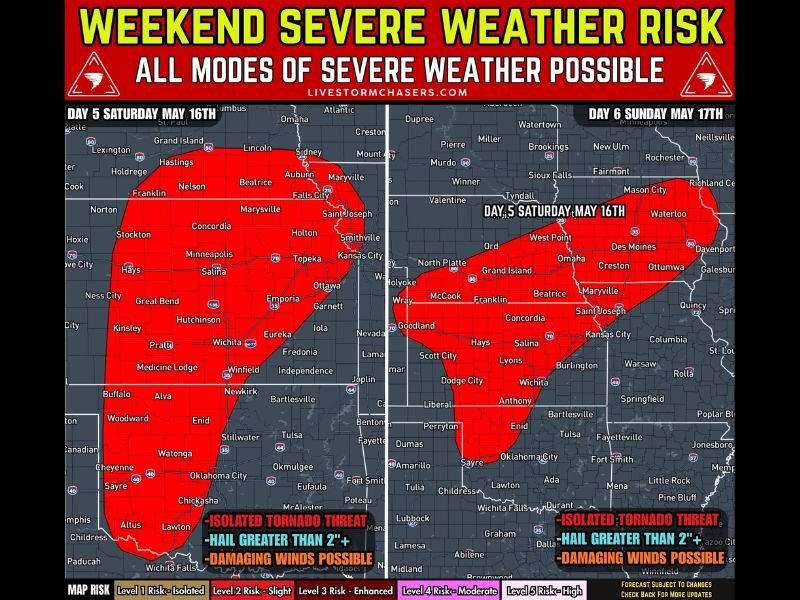 Tornadoes Large Hail and Damaging Winds Targeting Plains States Including Oklahoma Kansas Texas and Missouri With Multiple Rounds of Severe Weather Friday Through Sunday May 16 and 17