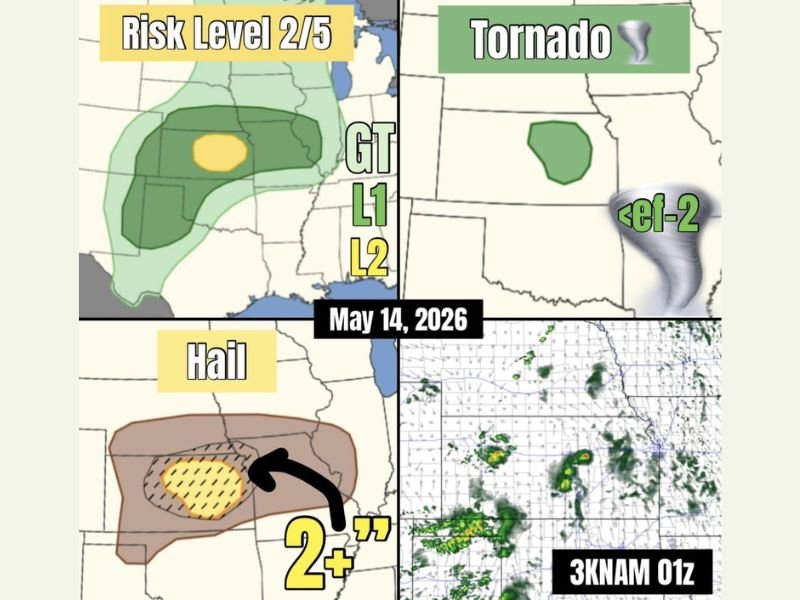 Very Large Hail Over 2 Inches and Supercell Threat Targeting Central Kansas With Weak Tornado Possible Thursday May 14