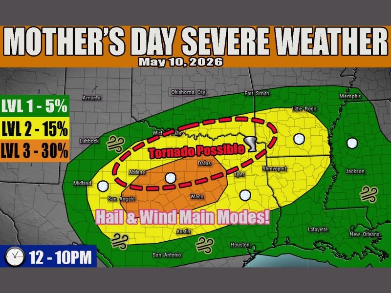 Very Large Hail, Straight Line Winds and Tornado Possible Across Central Texas Including Abilene, Dallas and Waco on Mother’s Day Sunday May 10 From Noon to 10PM Under Level 3 Risk