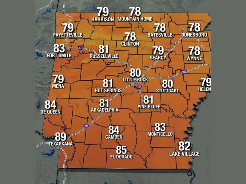 Warm 70s and 80s With Stray Shower Chance Across Arkansas Including Fort Smith Little Rock Texarkana and El Dorado This Thursday