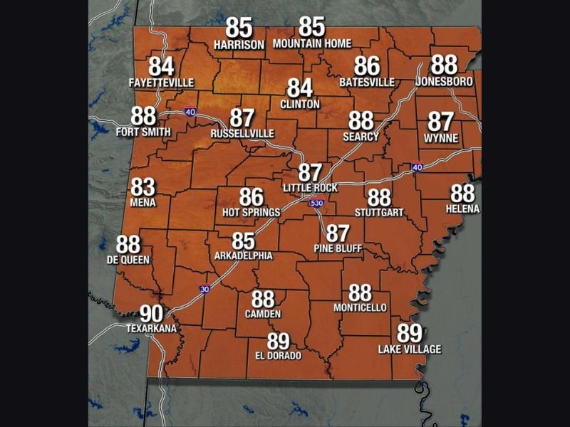 Warm 80s and Windy Monday Across Arkansas Including Texarkana Fort Smith Little Rock and Jonesboro With Gusts to 30mph and Bigger Storm Chances Arriving Tuesday
