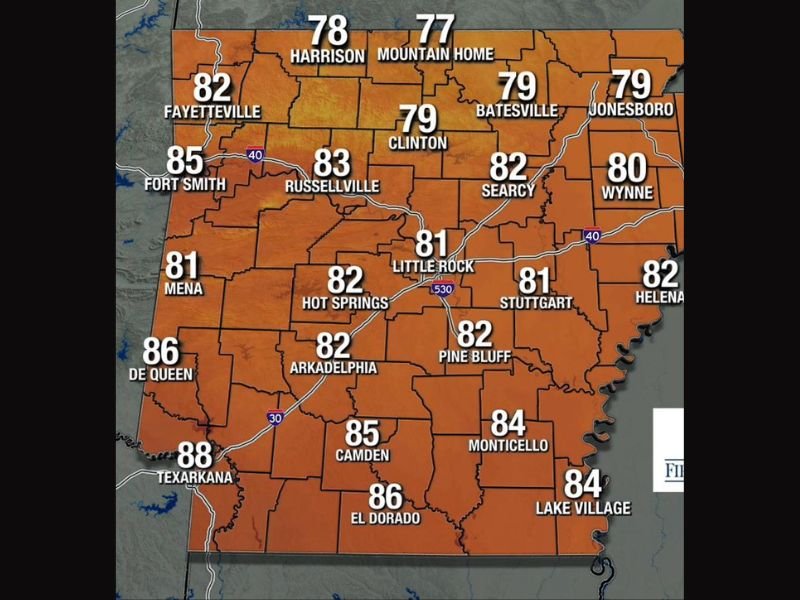 Warm Humid Friday With Scattered Spotty Showers and Storms Across Arkansas Including Little Rock, Fort Smith, and Texarkana With Highs Reaching the Upper 70s to Upper 80s