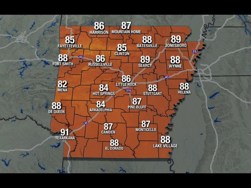Warm Humid and Breezy Sunday Across Arkansas Including Texarkana Jonesboro Fort Smith and Little Rock With Spotty Storm Chances and Possible Evening Storms for Western Arkansas