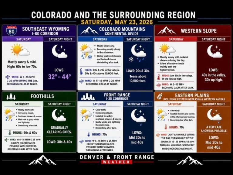 Widely Scattered Storms With Gusty Winds, Lightning, and Hail Threat Targeting Colorado, SW Nebraska, and Western Kansas Including the Front Range and Eastern Plains Saturday May 23
