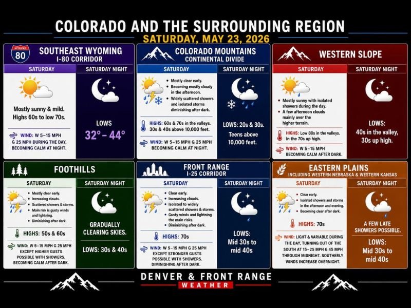 Widely Scattered Storms With Gusty Winds, Lightning, and Hail Threat Targeting Colorado, SW Nebraska, and Western Kansas Including the Front Range and Eastern Plains Saturday May 23