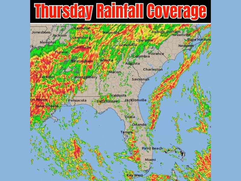 Widespread Rainfall Covering the Southeast From Memphis and Atlanta Through the Carolinas and Florida With Heaviest Coverage Across the Carolinas and Western Florida Peninsula Thursday