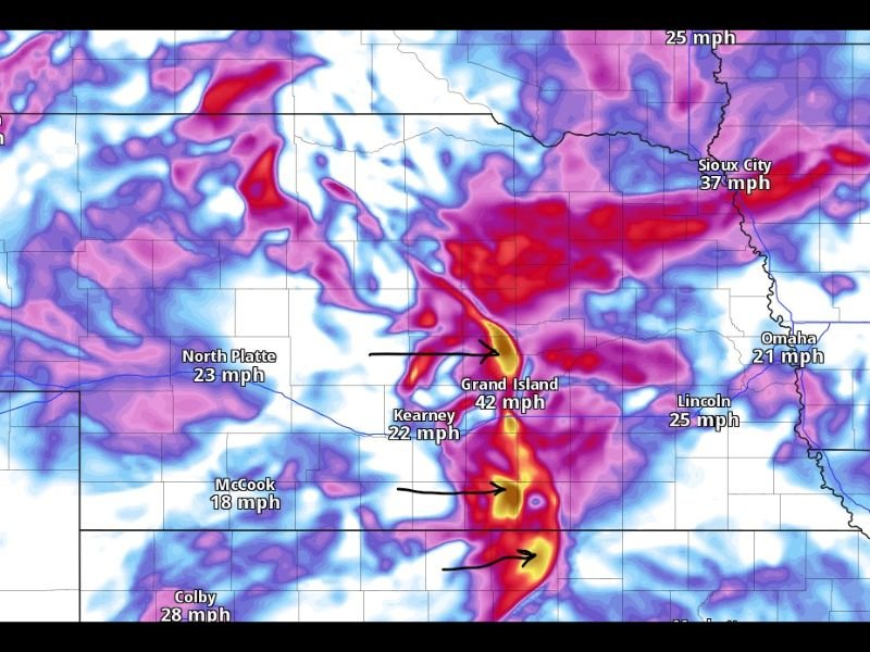 Wind Gusts Exceeding 70mph Targeting Nebraska Including Grand Island Kearney and Columbus With Brown Shaded Zones Indicating Most Dangerous Wind Corridors