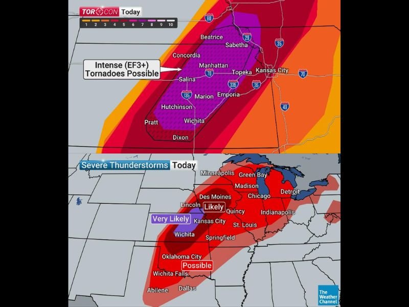 Worst Tornado Day of May With TORCON 7 and EF3 Plus Long Track Tornadoes Targeting Nebraska Kansas and Missouri Including Omaha Wichita Kansas City and Topeka Monday