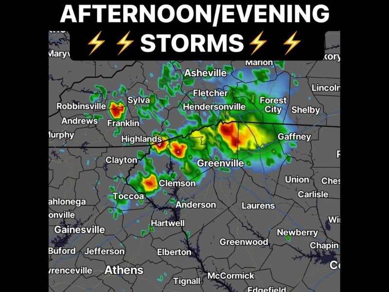 Afternoon and Evening Storms With Gusty Winds and Frequent Lightning Target Greenville, Asheville, and Clemson as Southeast Heat Builds Toward Low-to-Mid 90s Friday