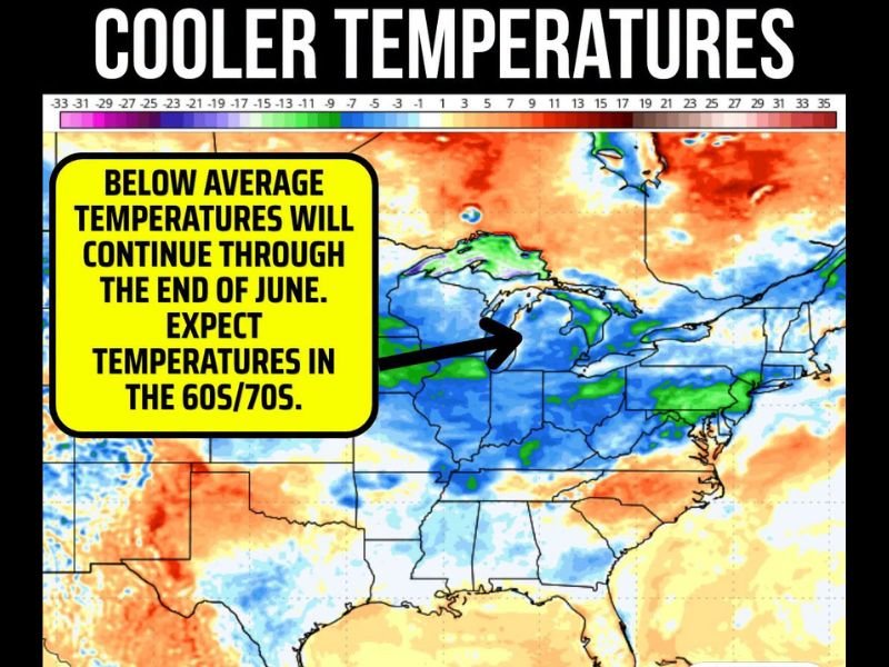 Below Average Temperatures Lock In Across Michigan and the Great Lakes Through End of June With Highs Staying in the 60s and 70s Before Warmup Around July 1