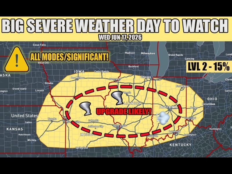Big Severe Weather Day Being Watched for Iowa, Illinois, Missouri, and Indiana With Derecho, Damaging Winds, and Tornadoes Possible Wednesday June 17