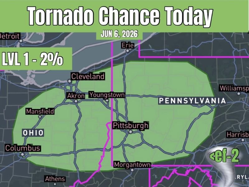 Brief Tornado Chance Across Eastern Ohio and Western Pennsylvania Including Cleveland Akron Youngstown and Pittsburgh Saturday June 6th