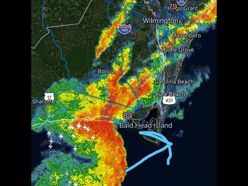Burst of Very Heavy Rain and 40 to 50 MPH Wind Gusts Approaching Southern Brunswick County Including Shallotte and Bald Head Island This Morning