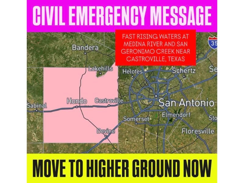 Civil Emergency Message Issued for Fast Rising Water Near Castroville Texas as Medina River and San Geronimo Creek Surge
