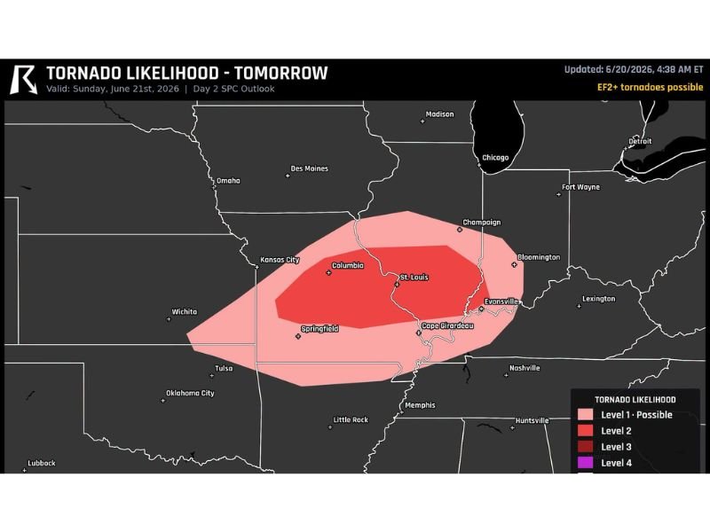 Columbia Missouri, Vincennes Indiana, and Carbondale Illinois Identified as Highest Tornado Likelihood Zone in the Country Under Level 2 Risk for Sunday