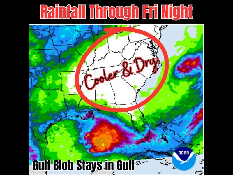 Cool Front Delivering Fall-Like Dry Conditions Across the Southeast Including Georgia Tennessee and the Carolinas While Gulf Moisture Stays Contained Through the Weekend